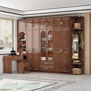 新中式实木衣柜家用卧室紫金檀木转角书桌衣柜一体现代简约大衣橱