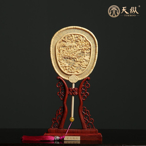 桧木宫扇百年朝凤桌面摆件红木中式复古木雕工艺品送g礼收藏实木