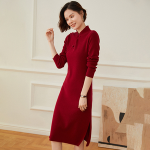 中国风旗袍连衣裙女100山羊绒衫针织裙2022秋冬新款盘扣唐装长裙
