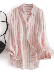 外贸出口意大利品牌原单粉色条纹衬衫女春夏薄款苎麻防晒空调衫