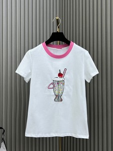 潮牌T恤24春夏新品学院减龄名媛彩色珠片缝制胸前字母圆领短袖上