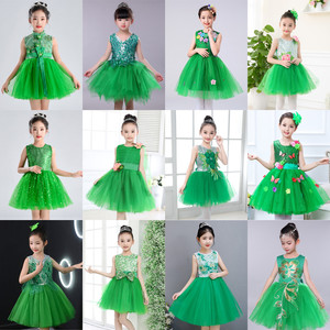 。六一儿童绿色亮片表演服幼儿园女童蓬蓬纱裙公主裙舞蹈小草演出