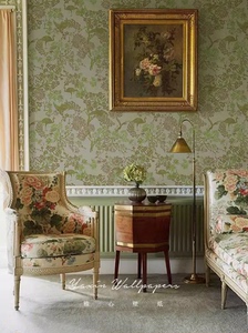 欧式古典轻奢壁纸法式复古墙纸卧室床头绿色碎花墙布电视背景墙