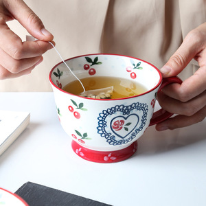 可爱樱桃心陶瓷水杯 手绘创意家用大肚牛奶杯茶杯早餐咖啡杯
