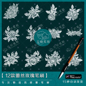 procreate/ps笔刷蕾丝玫瑰花朵纹身刺青花纹丝袜图案装饰素材