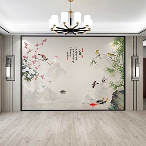 新中式电视背景墙壁纸自粘贴画水墨山水花鸟竹子酒店客厅沙发墙布