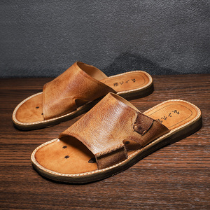 虫二坊手工复古头层牛皮高端拖鞋男休闲踩屎感一字拖鞋男夏季外穿