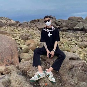 克罗心快手同款陈七七网红十字架短袖男精神社会小伙克罗心印花半