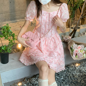 kastephy甜美少女粉色碎花蛋糕裙夏新款蝴蝶结泡泡袖短袖连衣裙女