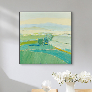北欧ins手绘油画正方形客厅装饰画抽象艺术远山草原风景餐厅挂画