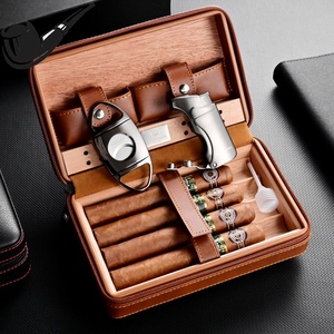 古巴进口雪茄保湿盒便携式雪茄盒套装小牛皮打火烟盒打火机雪茄剪