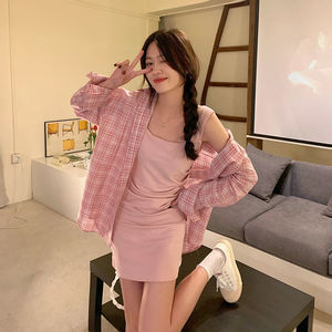 衬衣加小吊带两件套女春夏季新款宽松薄款格子防晒衬衫吊带背心裙