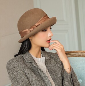 布塔羊毛礼帽女秋冬l季韩版卷边圆顶毛呢帽子英伦复古优雅贝雷帽