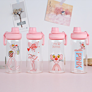 韩版粉红豹玻璃杯可爱粉嫩卡通手提水杯子女学生便携防漏软妹水瓶