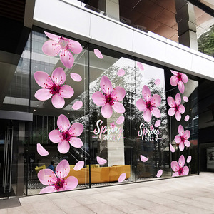 春天桃花喜庆布置静电玻璃大门套装饰贴画物业商场新年桃运橱窗贴