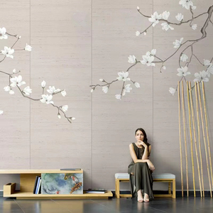 新中式复古墙布装饰电视背景墙纸玉兰花花鸟沙发卧室别墅壁画壁布