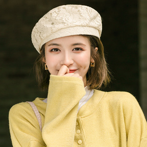 适合方脸女生的帽子镂空蕾丝贝雷帽女夏季薄款英伦八角帽防晒遮阳