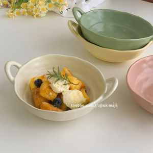 ok maji汤碗复古碗碟不规则双耳酸奶碗ins陶瓷餐具饭碗沙拉水果碗