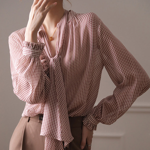 唯品会特卖飘带真丝衬衫女士早春新款复古格子粉色桑蚕丝长袖上衣