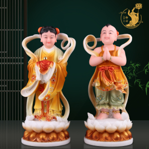 汉白玉金童玉女神像龙女童子观音左右护法佛像客厅装饰工艺品摆件