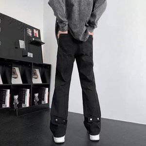 美式复古纯黑色牛仔裤男扣子设计感修身裤子vibe潮流高街直筒长裤