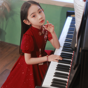 女童旗袍礼服花童女孩红色中式国风连衣裙儿童钢琴演奏演出服夏季