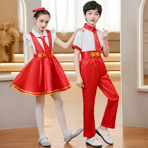 儿童红歌合唱演出服短袖蓝色舞蹈服中小学生爱国诗歌朗诵比赛服装