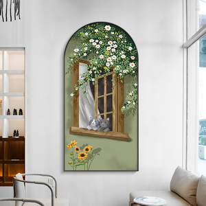 北欧风入户玄关装饰画拱形走廊过道挂画现代简约猫咪窗户带灯壁画