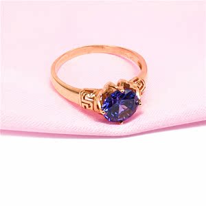 卡玛莎娜纯俄罗斯585紫金镀14K玫瑰金精致蓝色石镶嵌金箍戒指女款