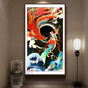 人物飞天仙女钻石画满钻国潮中国风贴钻十字绣玄关竖版凤凰钻石绣