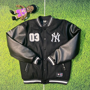 majestic mlb yankees 纽约洋基队毛呢皮袖黑色夹棉棒球夹克休闲