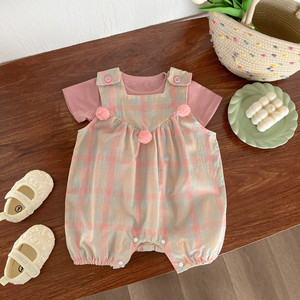 婴儿衣服夏季洋气短袖背带裤3四5六7八9十个月女宝宝时髦分体套装