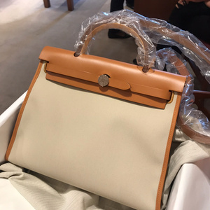 hermes/爱马仕 女包 herbag帆布包31/39帆布拼皮单肩斜挎包手提包
