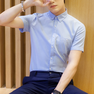 gxg夏季新款男士青少年短袖纯色牛津纺衬衫修身韩版时尚夏天男衬