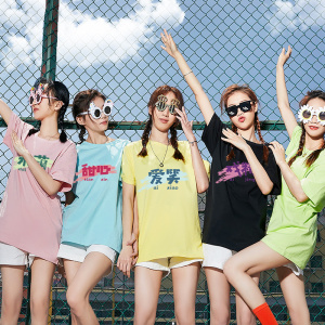 闺蜜装三四人彩色印花短袖t恤女夏季姐妹装伴娘团体桖中学生班服