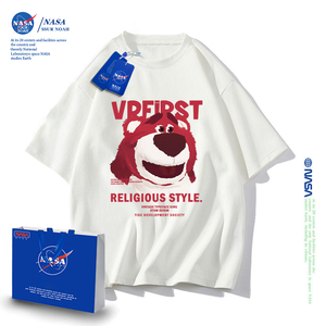 NASA联名t恤女装2024早春纯棉中性风ins宽松短袖草莓小熊夏季上衣