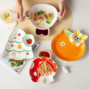 卡通可爱陶瓷饺子盘子带醋碟家用2024新款分格餐盘水饺专用寿司盘