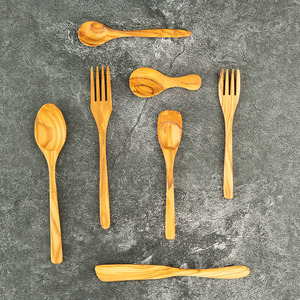 EKIREDO进口橄榄木餐具实木勺子叉子黄油刀意面水果甜品原木套装