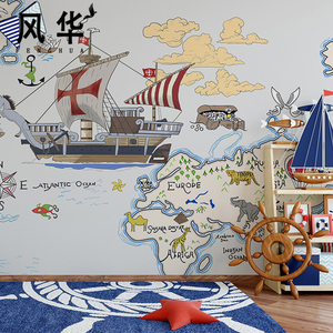 美式手绘轻奢海盗船墙纸网红儿童房壁纸卧室客厅背景墙布定制壁画