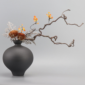 新中式枯枝干花黑色陶瓷花器样板间餐厅茶几茶室软装饰品仿真花艺