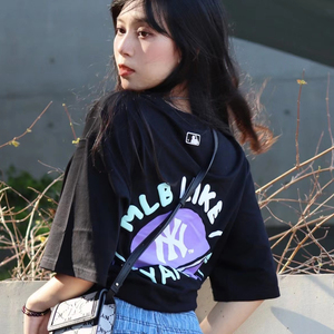 mlb涂鸦卫星t恤纽约 洛杉矶男女情侣白色时尚泫雅 棉休闲运动上衣