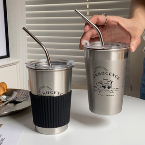 原创设计小众咖啡随行杯ins不锈钢304带盖双饮水杯子吸管杯随手杯
