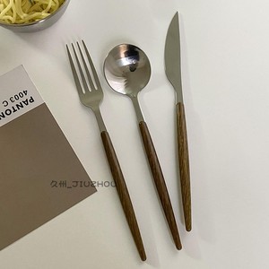 ins复古韩式木柄刀叉勺不锈钢长柄勺子圆勺高颜值精致西餐餐具