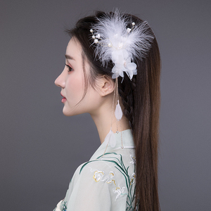 汉服头饰女古风发饰白色绢花羽毛发夹仙气毛毛流苏发卡古装配饰品