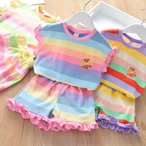 女宝宝夏装时尚套装洋气条纹彩虹儿童装短裤女童木耳边T恤两件套