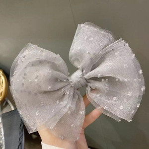 灰色蝴蝶结发卡发夹好看的发饰少女头饰春夏新款绢纱粉色头花顶夹