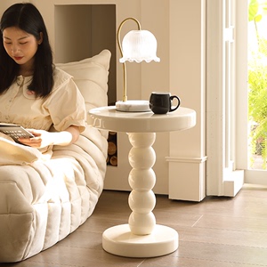 法式沙发边几奶油风床头柜创意茶几实木小圆桌子置物架可移动白色