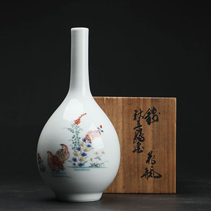 北野工坊日本o名家十三代柿右卫门锦绘陶瓷细口花瓶台面花器摆件