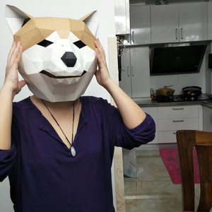 新款头盔纸舞秋田犬面具意穿戴手工纸模型化装模会diy创可狗头.