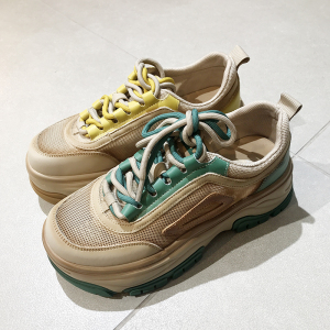 千禧百莉女鞋2022年夏民族风透气网休闲鞋圆头系带中跟运动松糕底